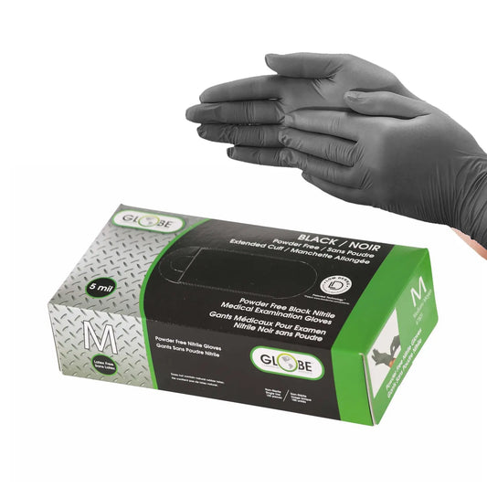 Globe Commercial Products Nitrile Powder-Free Gloves, Medium, 5 mil, Black, Box of 100