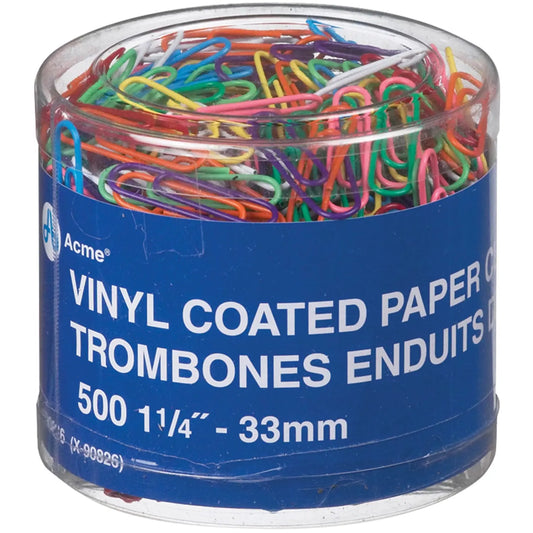 Acme Vinyl-Coated Paper Clips, Assorted Colours, 1 1/4", 500/PK