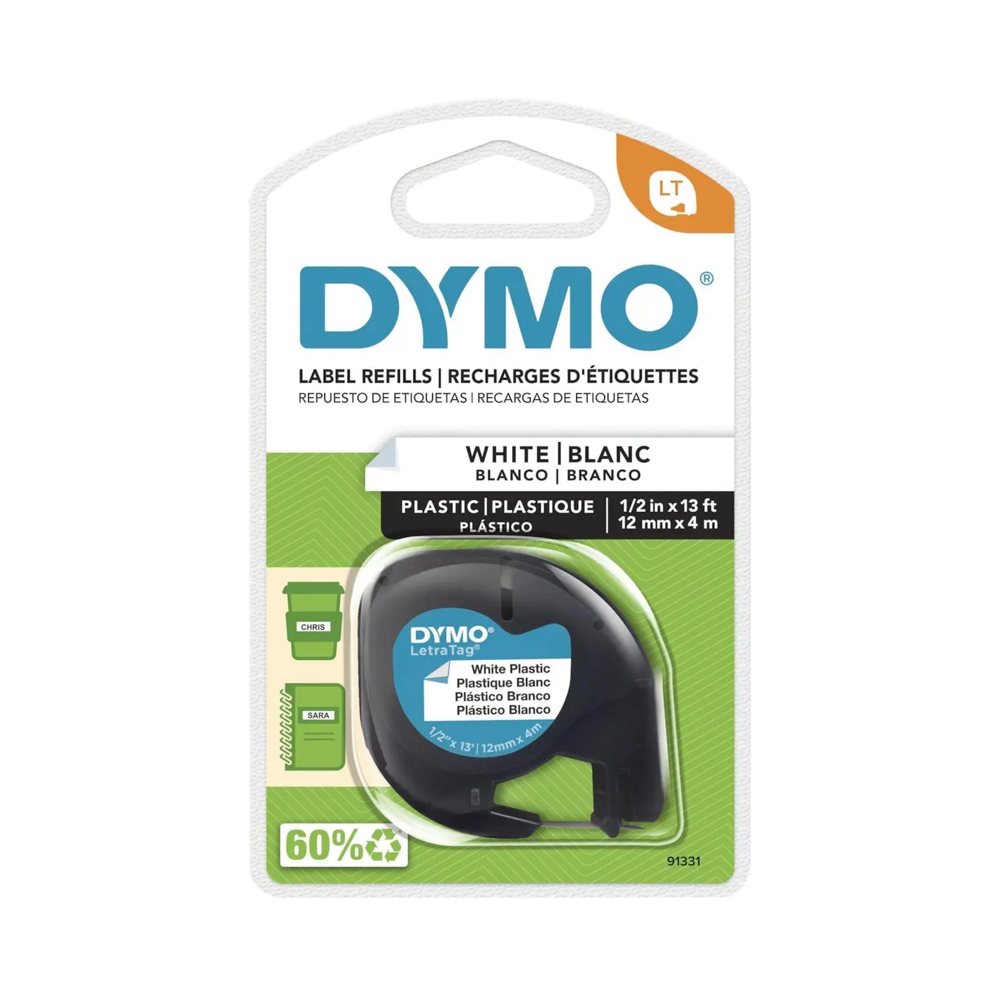 DYMO LetraTag Refill Label Tape, Black Type/Pearl White Tape - 1/2" x 13’ (12mm x 4mm)