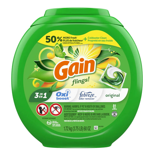 Gain Flings Liquid Laundry Detergent Pacs, Original Scent, 81 Count