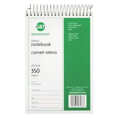 Grand & Toy Steno Notebook, White, 6" x 9", 350 pages