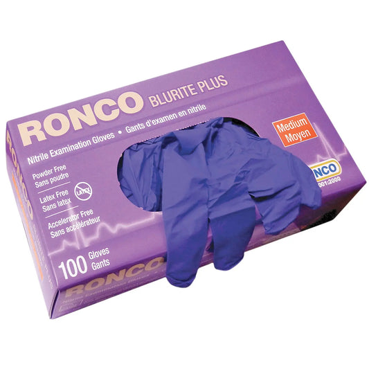 Ronco Blurite Plus Examination Nitrile Powder-Free Disposable Gloves, Dark Blue, Medium, 4 mil, Box of 100