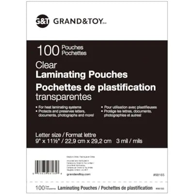 Grand & Toy Letter Size Thermal Laminating Pouches, 3 mil, Pack of 100