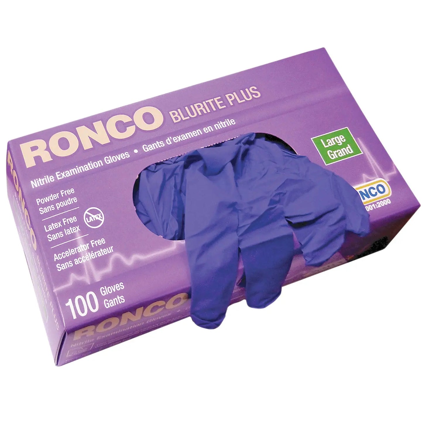 Ronco BluRite Plus Examination Nitrile Powder-Free Disposable Gloves, Dark Blue, Large, 4 mil, Box of 100