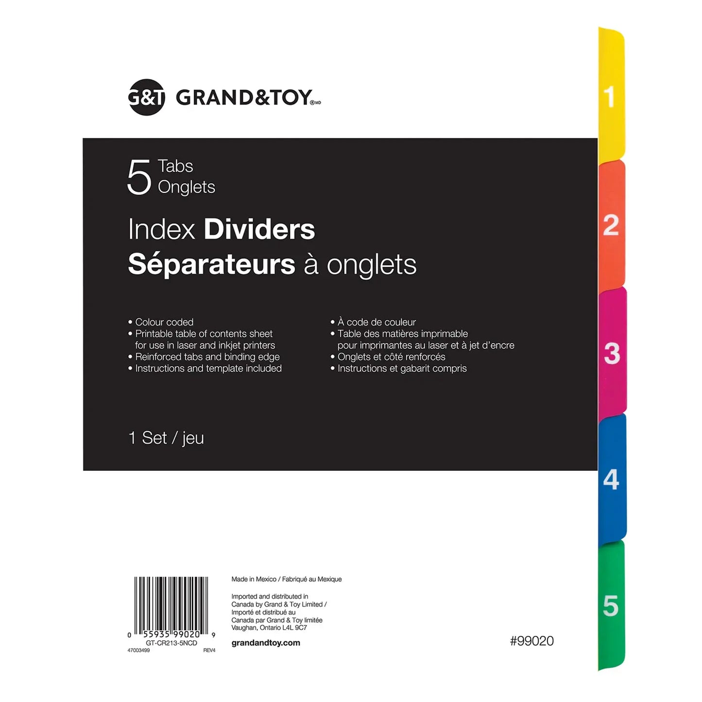 Grand & Toy Index Dividers, Numbered 1-5, 8 1/2" x 11", 5-Tabs/ST, 1-Set/PK