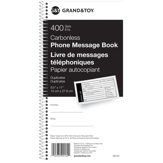 Grand & Toy Telephone Message Book, 11" x 6"