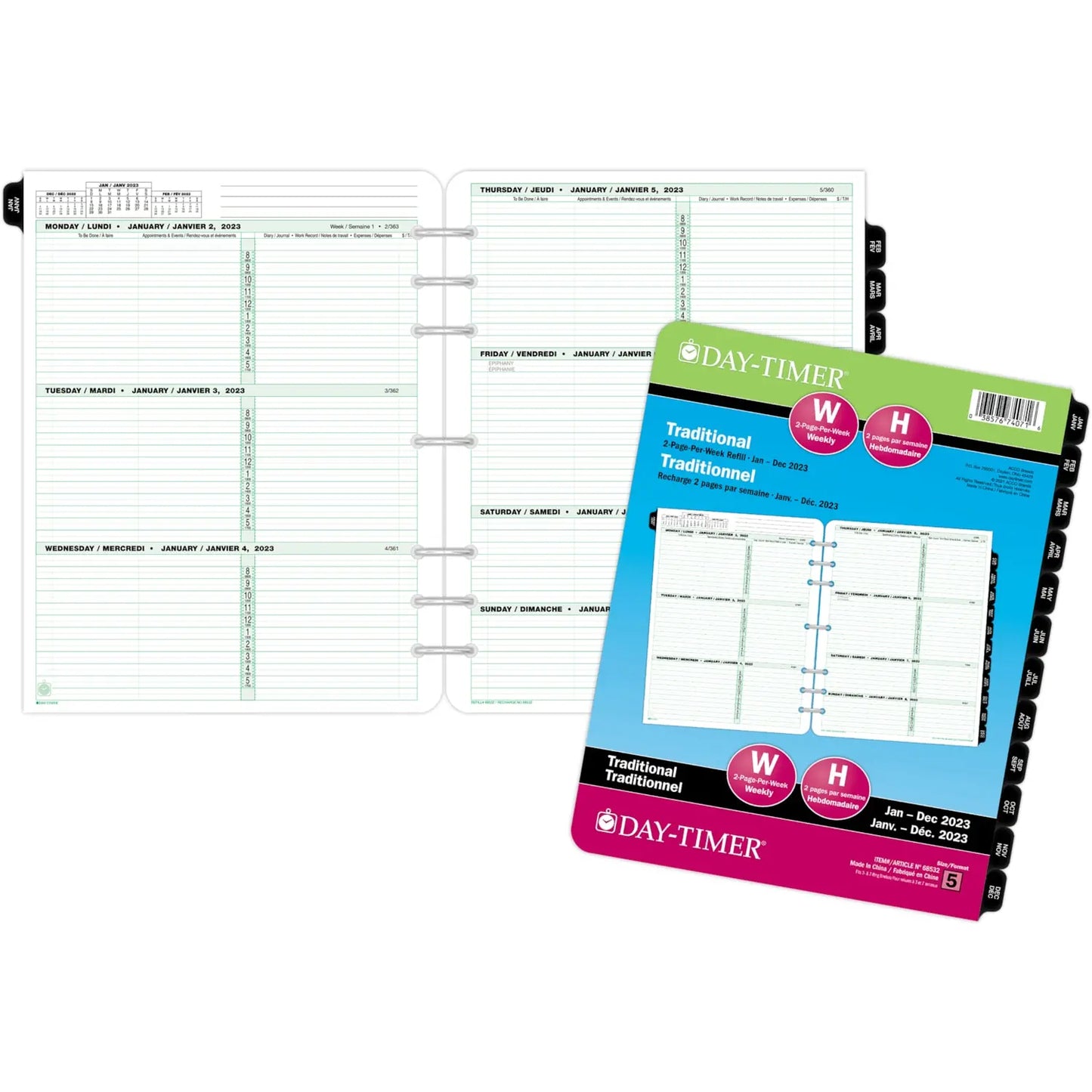 Day-Timer Dated Refill, 2 Pages/Week, Folio, 11'' x 8-1/2'', Bilingual