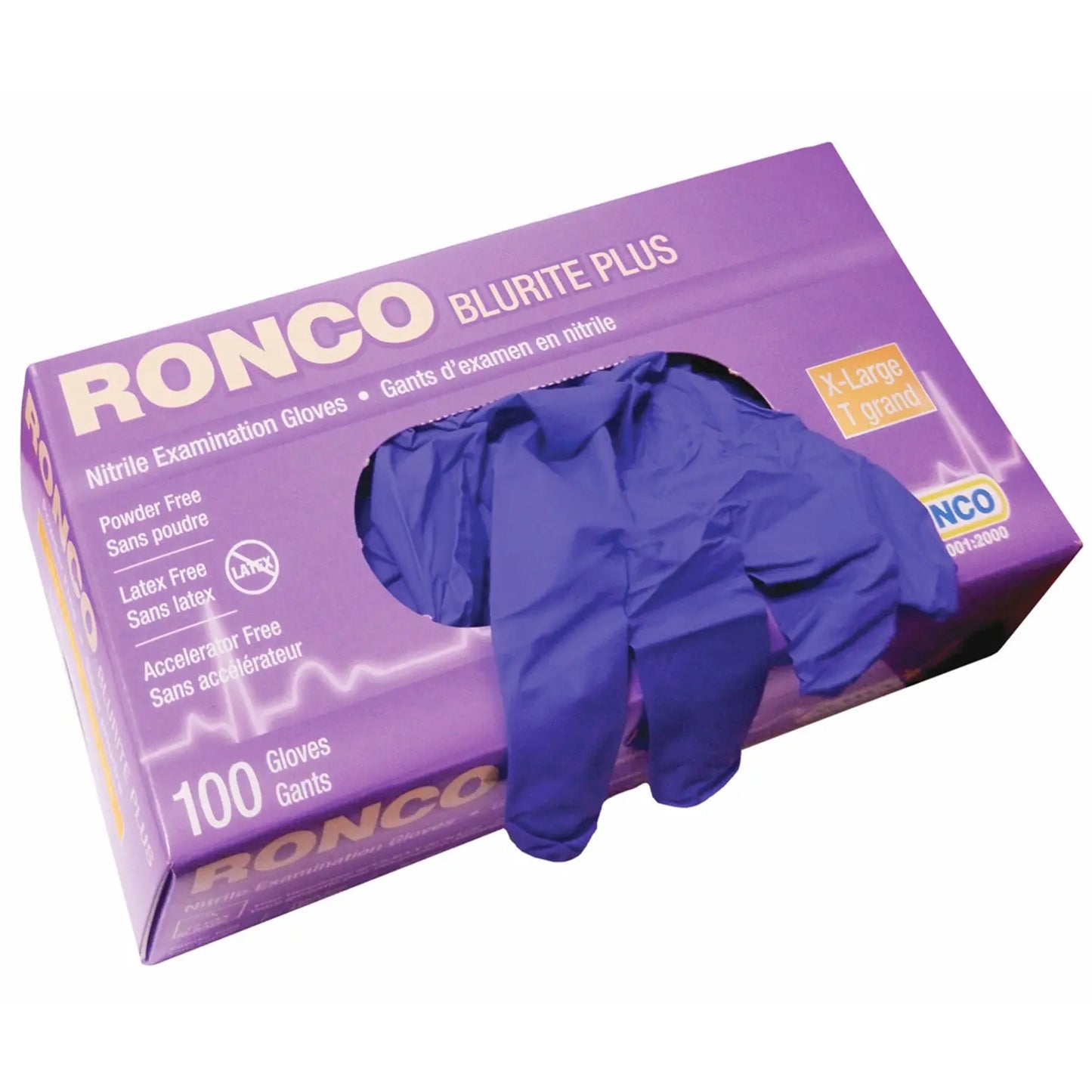 Ronco Blurite Plus Examination Nitrile Powder-Free Disposable Gloves, Dark Blue, XL, 4 mil, Box of 100