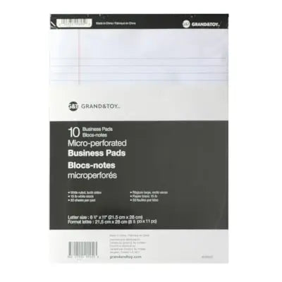 Grand & Toy Micro-Perforated Letter-Size Business Pads, White with Wide Rule, 8 1/2" x 11" (10/PK)