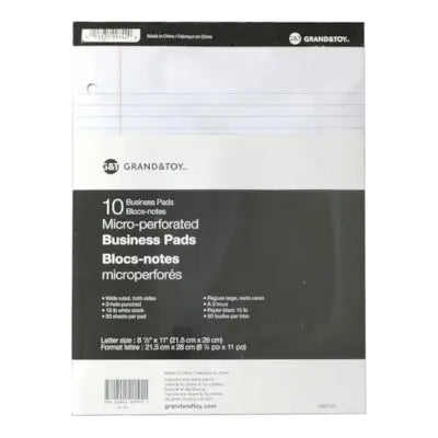 Grand & Toy Micro-Perforated Letter-Size Business Pads, White with Wide Rule, Hole Punched - 8 1/2" x 11" (10/PK)