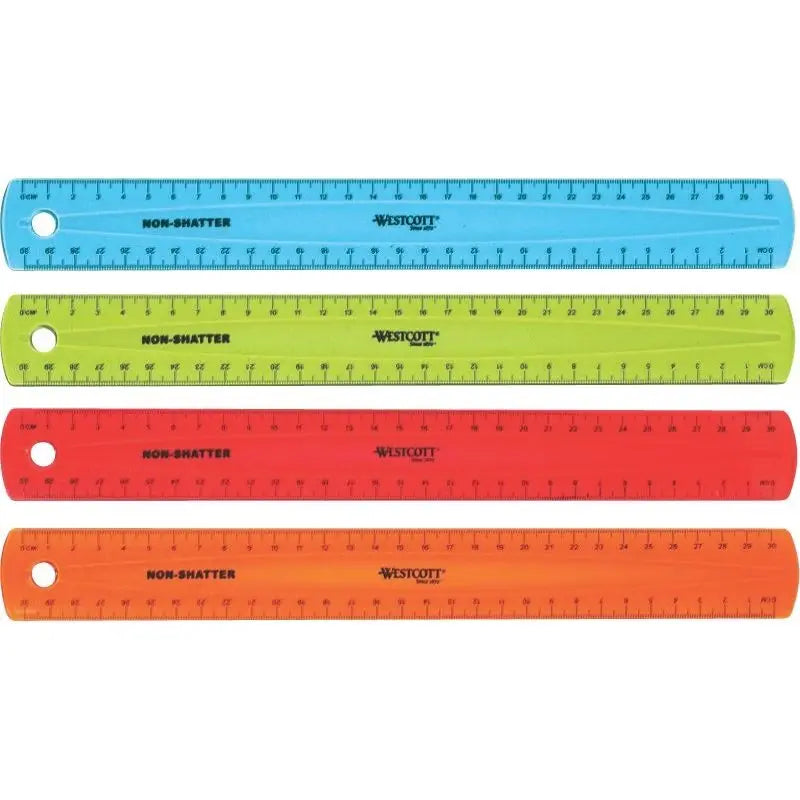 WESTCOTT SHATTERPROOF RULER - 12" LENGTH - 1/16 GRADUATIONS - METRIC MEASURING SYSTEM - 1 EACH - TRANSLUCENT ASSORTED