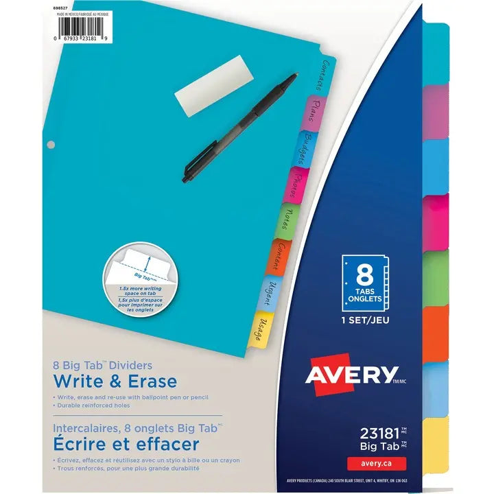 Avery Write & Erase Big Tab Dividers - 8 Tabs - Multi-colour