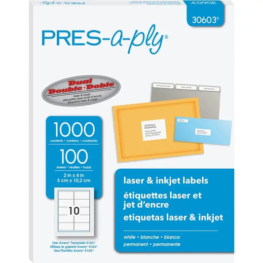 PRES-a-ply White Labels - 2" x 4" - 10 Labels/Sheet - 1000 Labels/Box