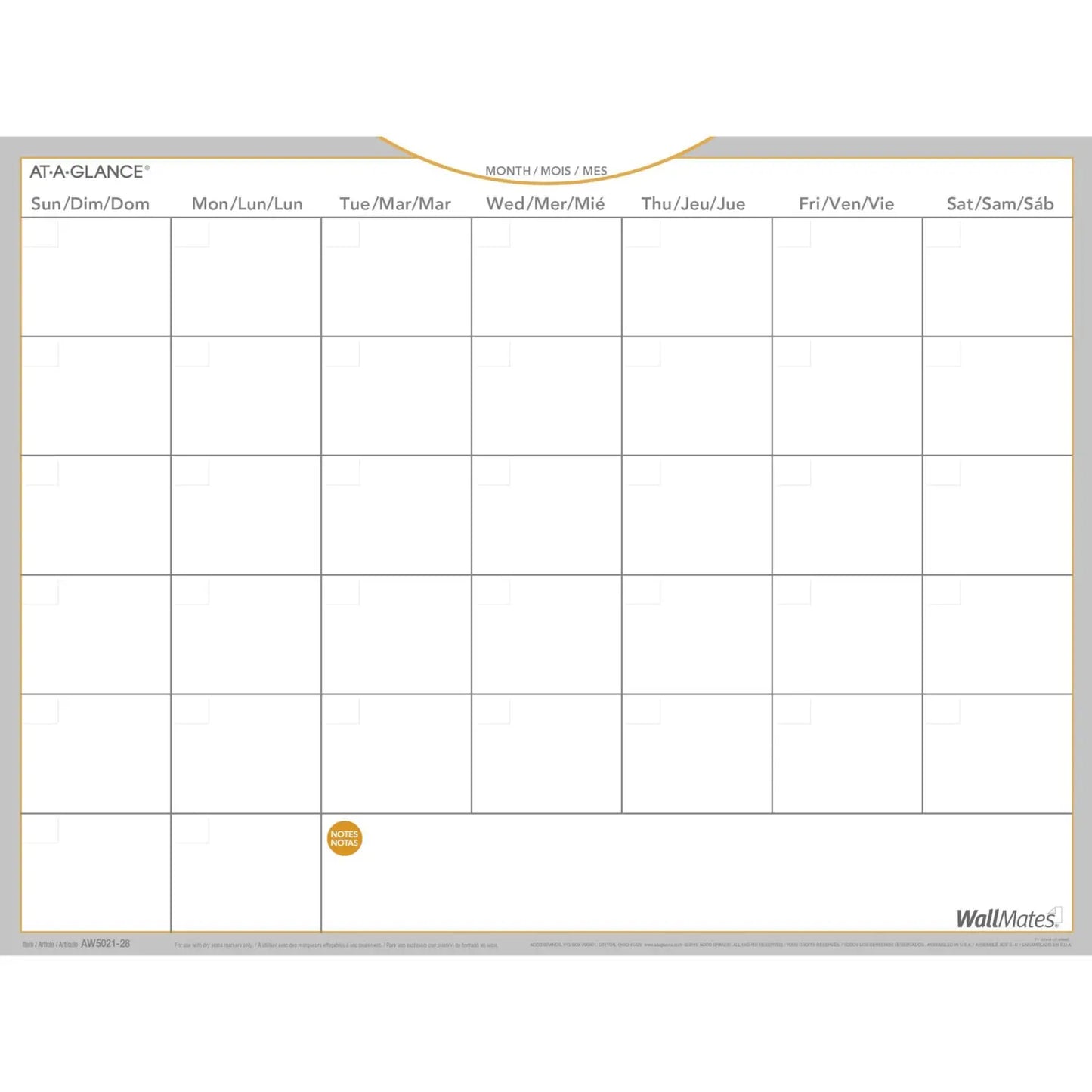 At-A-Glance 1-Month WallMates Self-Adhesive Dry-Erase Wall Calendar, 24" x 18", Undated, Bilingual