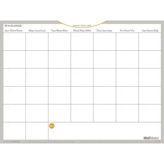 At-A-Glance 1-Month WallMates Self-Adhesive Dry-Erase Wall Calendar, 24" x 18", Undated, Bilingual