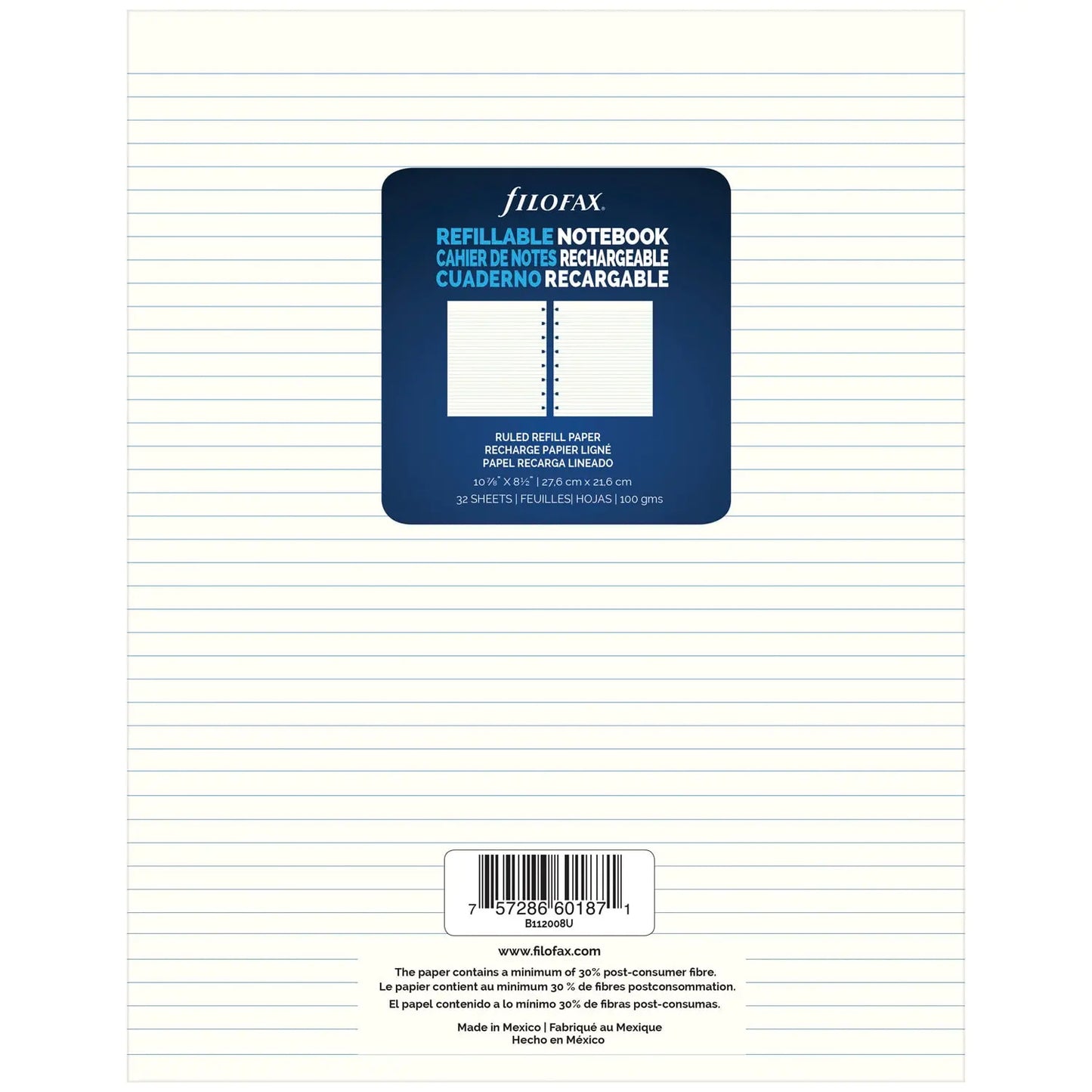 Filofax Notebook Lined Refill Paper, Cream, 8 1/2"W x 10 7/8"H, 32 Sheets