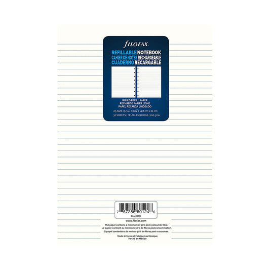 Filofax Notebook Lined Refill Paper, Cream, A5 size (5 13/16"W x 8 1/4"H), 32 Sheets