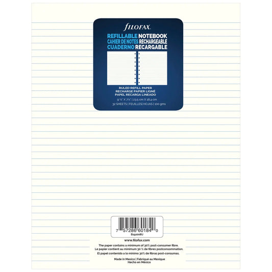 Filofax Notebook Lined Refill Paper, Cream, 7 1/4"W x 9 1/4"H, 32 Sheets