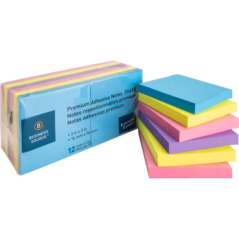 Business Source 3x3 Extreme Colors Adhesive Notes (12/Pack)