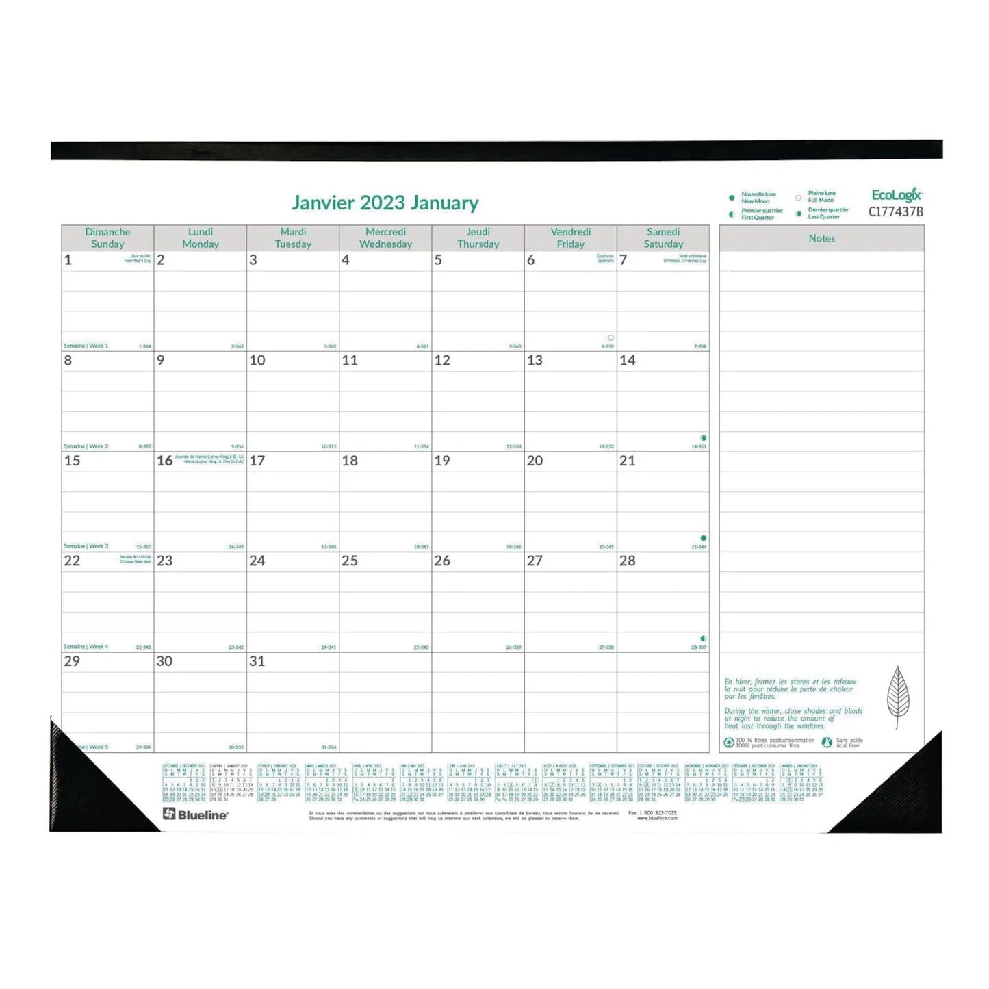 Blueline EcoLogix 12-Month Monthly Desk Pad Calendar, 22'' x 17'', January - December, Bilingual