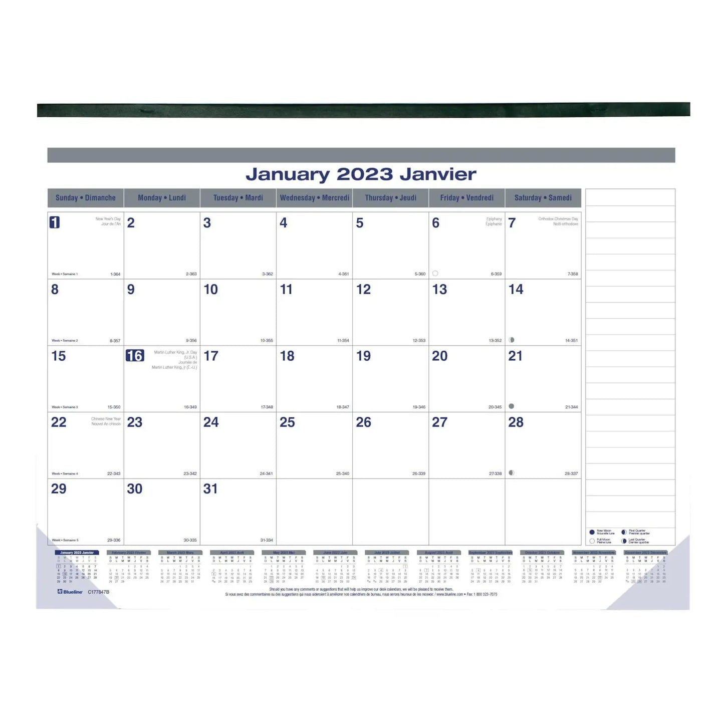 Blueline Net Zero Carbon 12-Month Monthly Desk Pad Calendar, 22'' x 17'', January-December, Bilingual