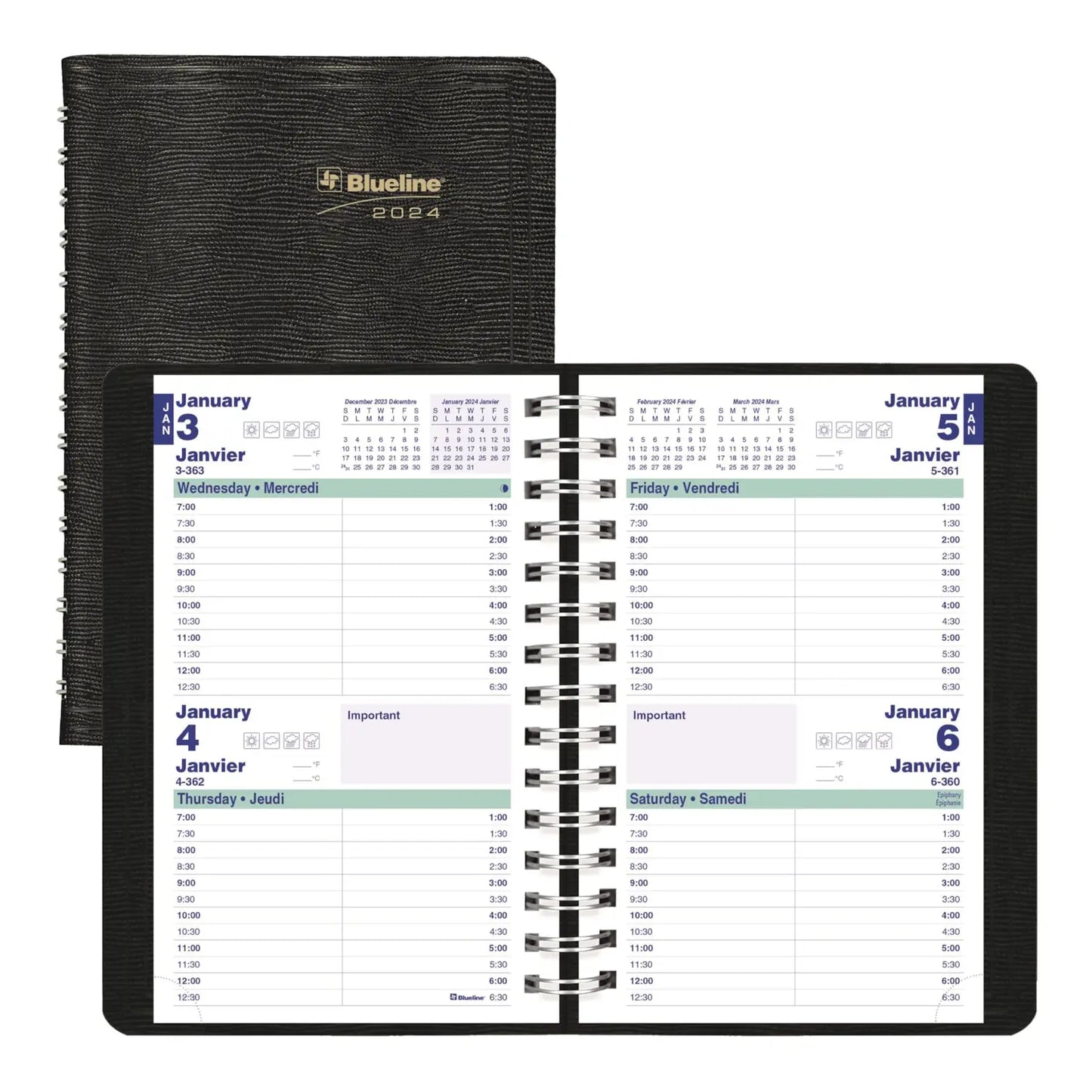 Blueline Essential 2-Days Per Page Daily 12-Month Planner, Black, 8'' x 5'', January-December, Bilingual