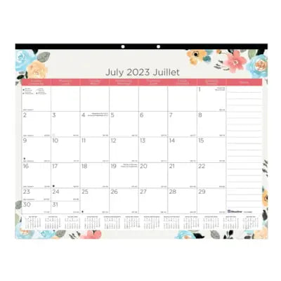 Blueline 18-Month Monthly Desk Pad Calendar, Blossom, 22'' x 17'', July to December, Bilingual