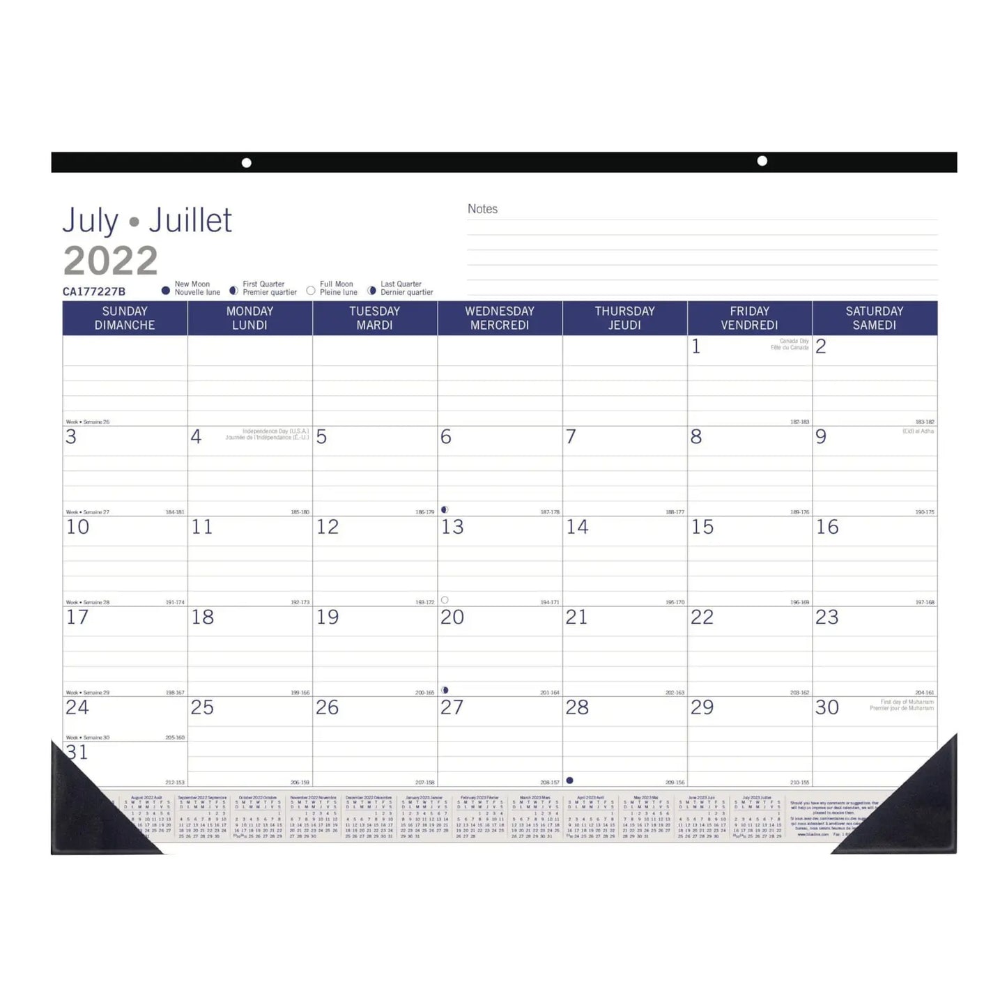 Blueline DuraGlobe Academic 13-Month Desk Pad Calendar, 22'' x 17'', July-July, Bilingual