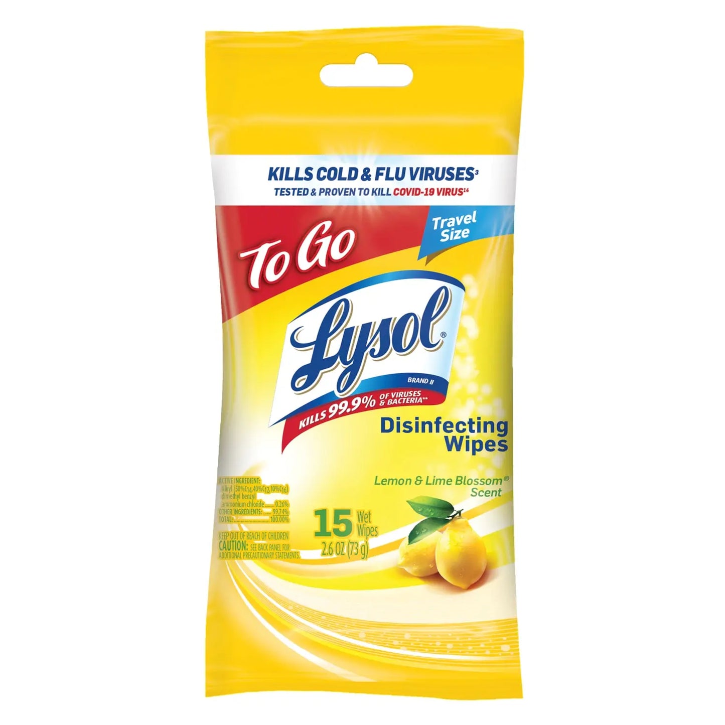 Lysol On-The-Go Disinfectant Wipes, Lemon and Lime Blossom Scent, Pack of 15 wipes