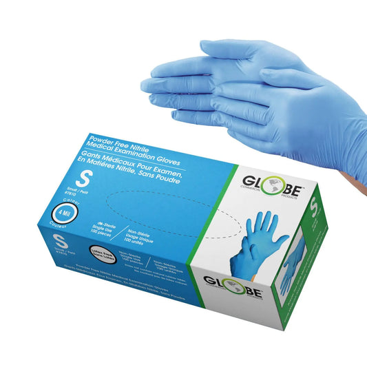 Globe Commercial Products Disposable Powder-Free Nitrile Gloves, Small, 4 mil, Sky Blue, Box of 100