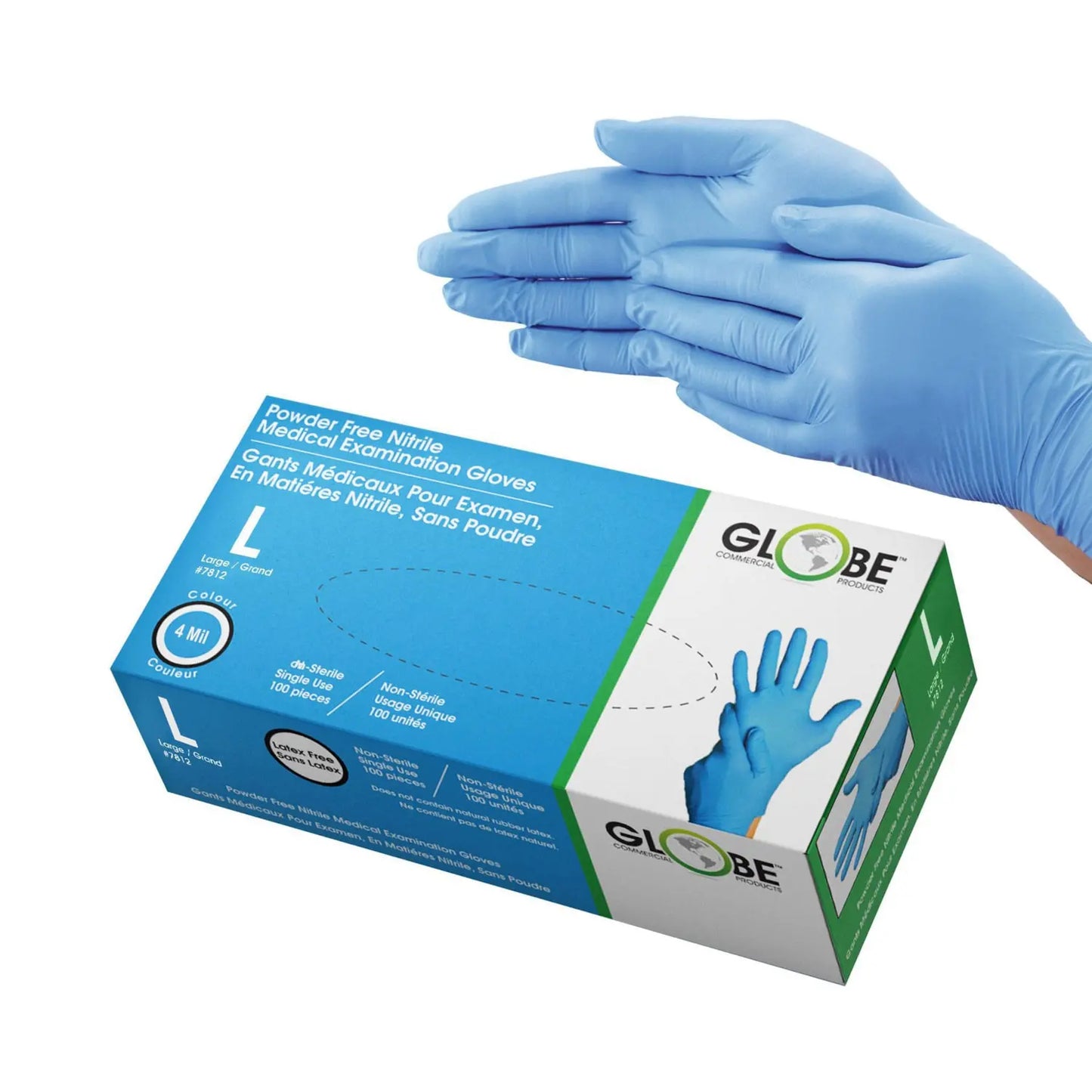 Globe Commercial Products Disposable Powder-Free Nitrile Gloves, Large, 4 mil, Sky Blue, Box of 100