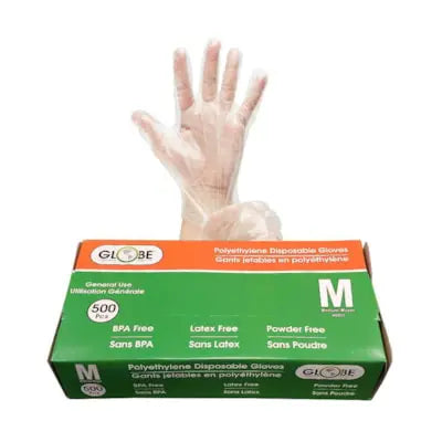 Globe Commercial Products Powder-Free Polyethylene Disposable Gloves, Medium, Clear, Box of 500