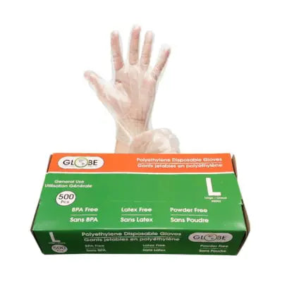 Globe Commercial Products Powder-Free Polyethylene Disposable Gloves, Large, Clear, Box of 500