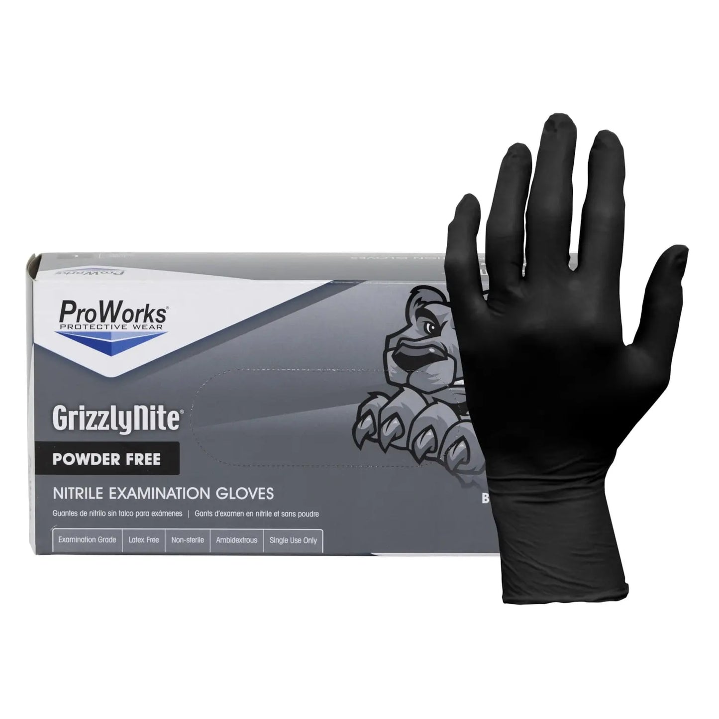 Hospeco ProWorks® GrizzlyNite® Nitrile Powder-Free Exam Gloves, Large, 5.5 mil, Black, Box of 100