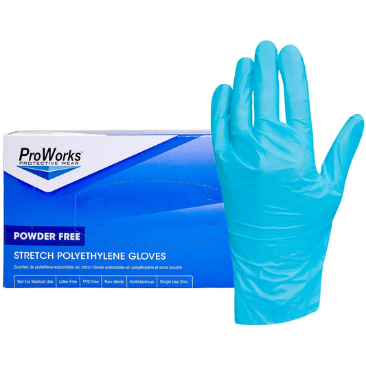 HOSPECO ProWorks® Stretch Polyethylene Gloves, Powder-Free, Blue, Large, Box of 200