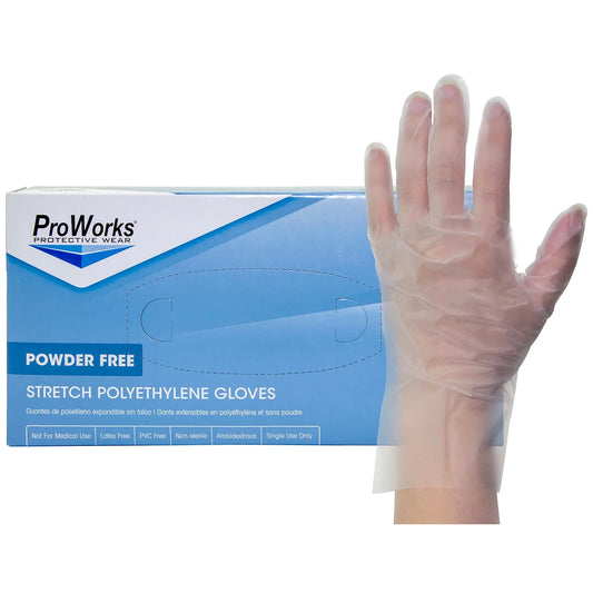 HOSPECO ProWorks® Stretch Polyethylene Disposable Gloves, Powder-Free, Clear, Large, Box of 200