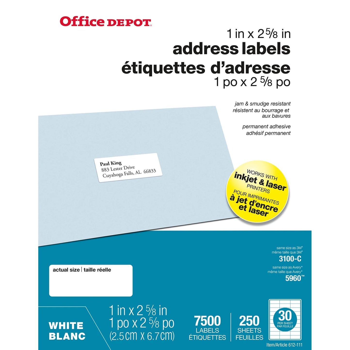 Office Depot® Address Labels, White, 1" x 2-5/8", Sheet of 30 Labels, Pack of 250 Sheets