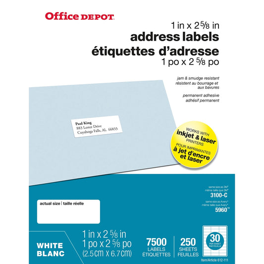 Office Depot® Address Labels, White, 1" x 2-5/8", Sheet of 30 Labels, Pack of 250 Sheets