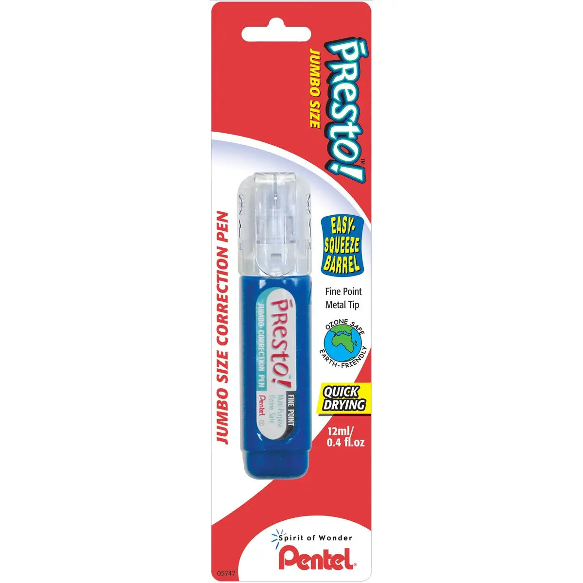 Pentel Presto! Jumbo Correction Pen - Metal Tip Applicator - 12 mL - White - Fast-drying, Ozone-safe - 1 Each