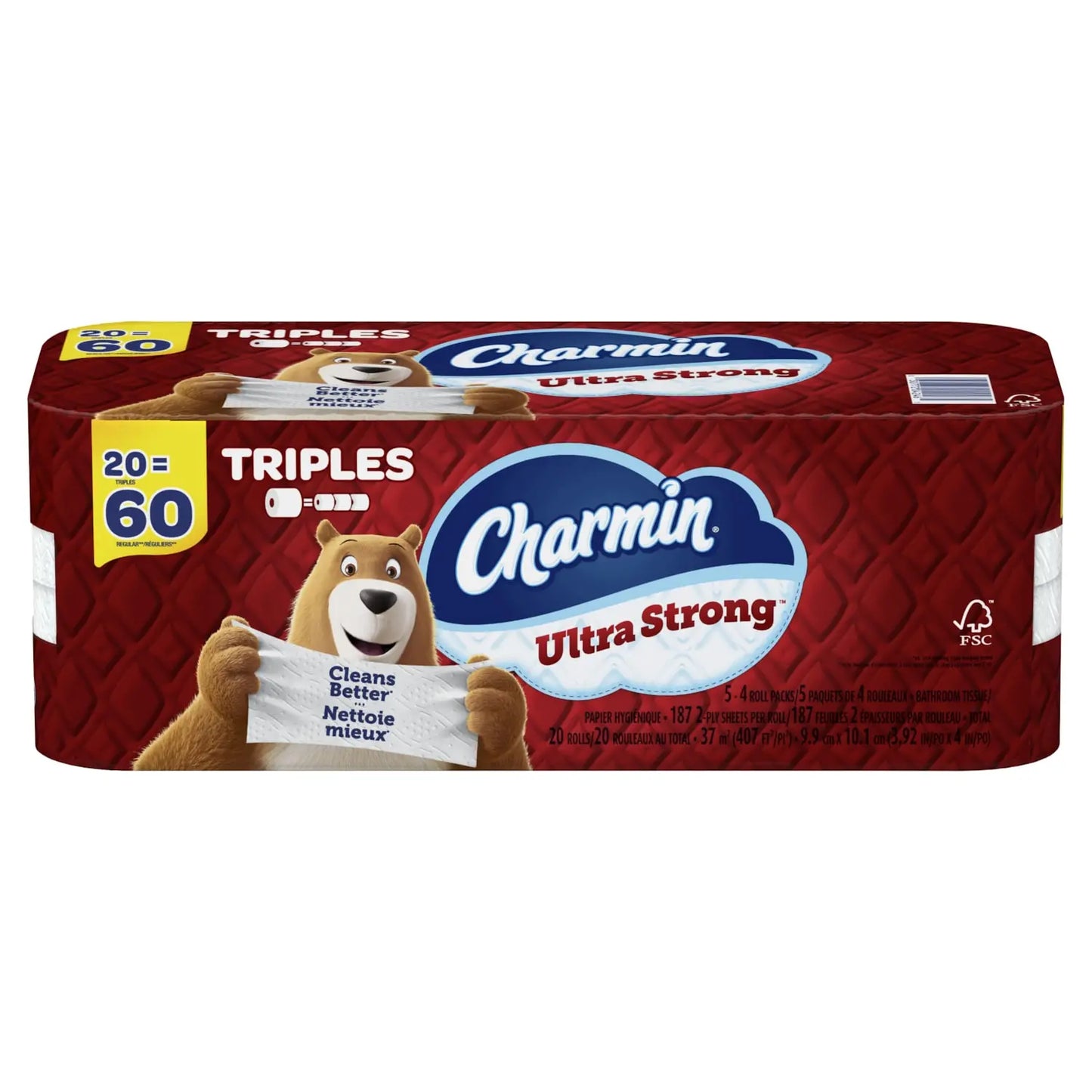 Charmin 2-Ply Ultra Strong Bathroom Tissue 20=60, White, Roll of 187 Sheets, Pack of 20 rolls