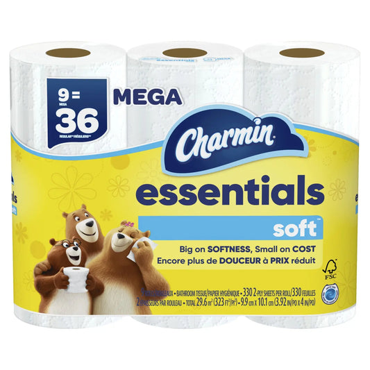 Charmin Essentials Soft 2-Ply Toilet Paper, White, Roll of 330 Sheets, Pack of 9 Mega Rolls