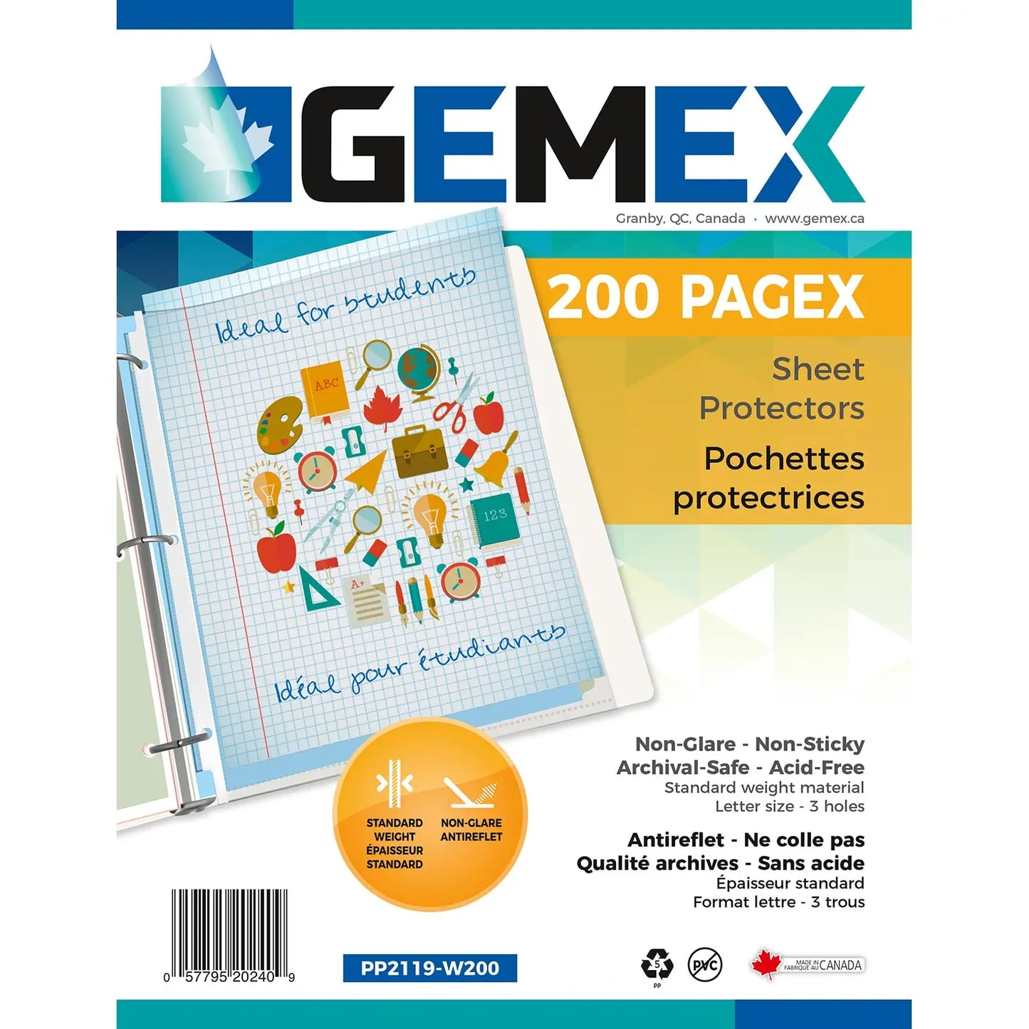 Gemex Top-Loading Sheet Protectors, Standard Weight, Non-Glare, Letter Size, 200/BX