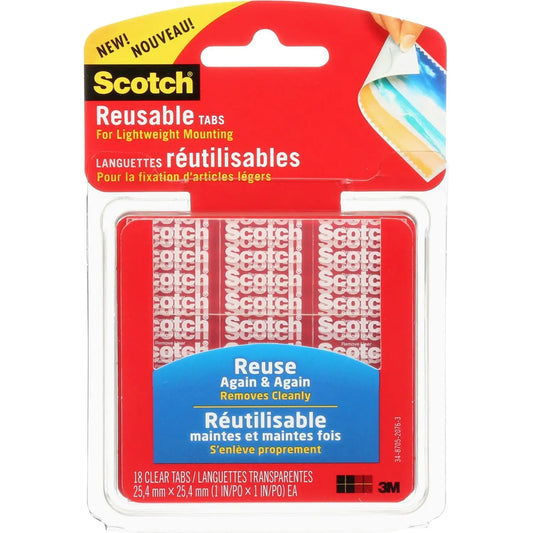 Scotch Restickable Tabs for Lightweight Mounting, Clear, 1" x 1", 18/PK