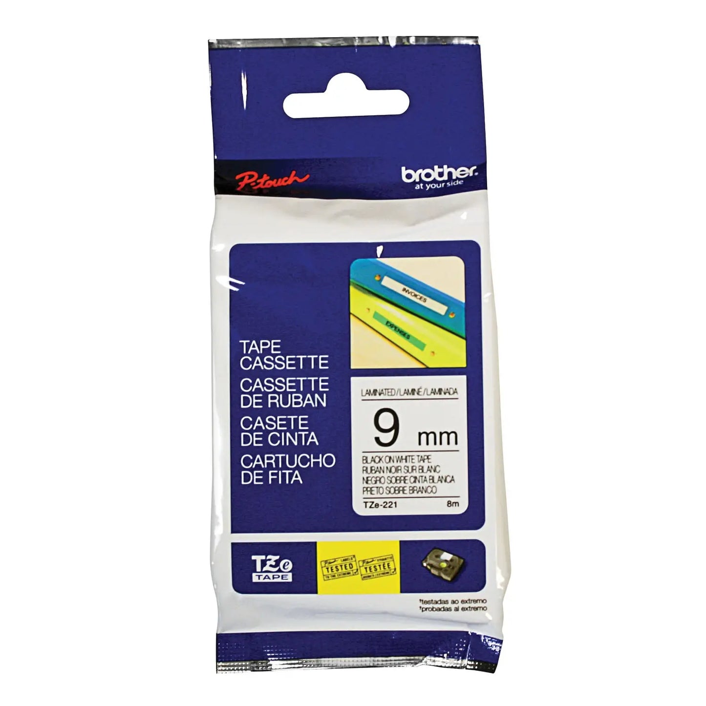 Brother TZe Label Tape Cassette, Black Type/White Label, 9 mm x 8 m