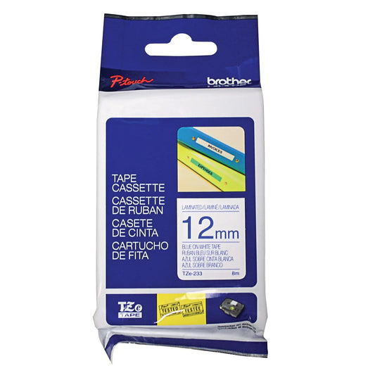 Brother TZe Label Tape Cassette, Blue Type/White Label, 12 mm x 8 m