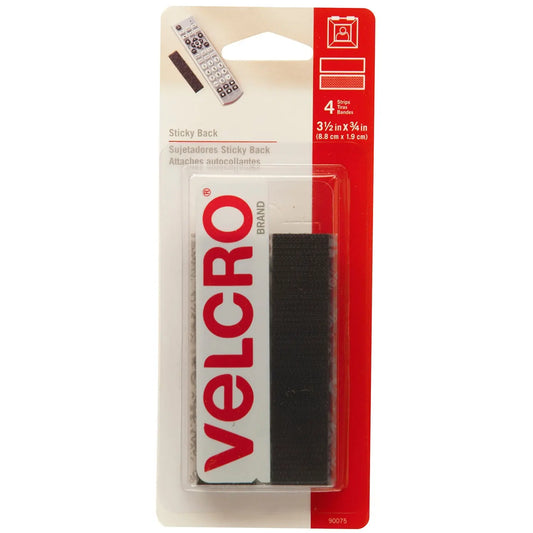 Velcro Sticky Back General Purpose Strips, Black, 3/4" x 3 1/2", 4/PK