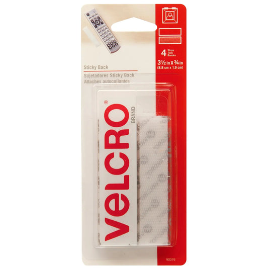 Velcro Sticky Back General Purpose Strips, White, 3/4" x 3 1/2", 4/PK