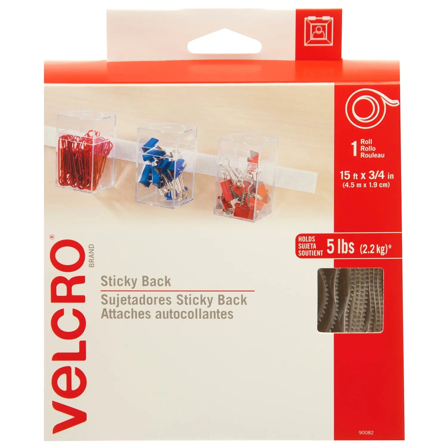 Velcro Sticky Back Fastener Tape Roll, White, 3/4" x 15'