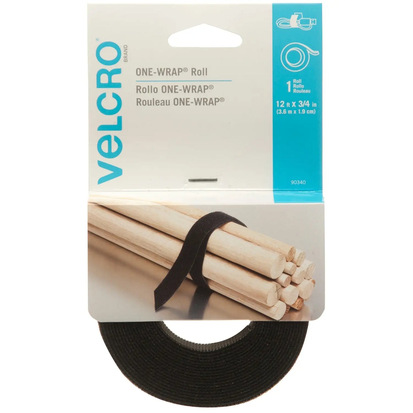 Velcro One-Wrap Roll, Black, 3/4" x 12'