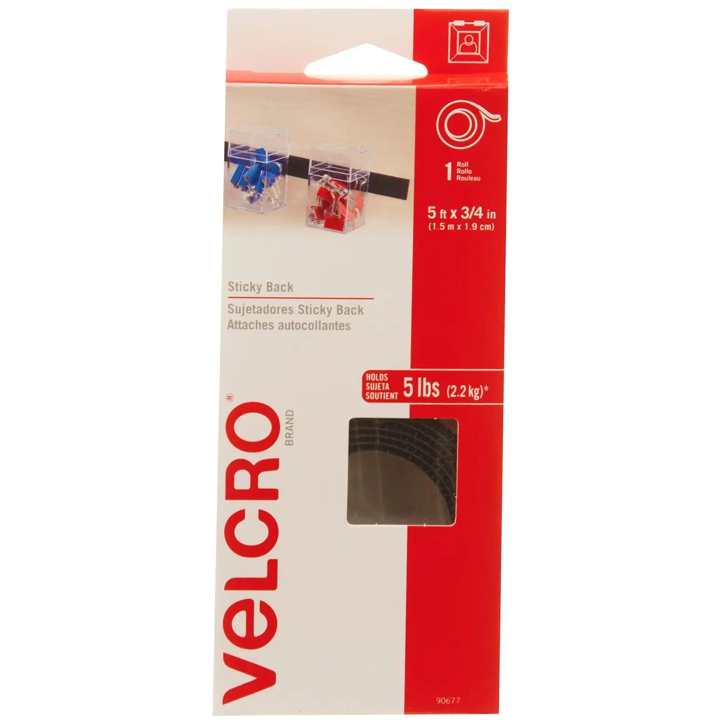 Velcro Sticky Back Fastener Tape Roll, Black, 3/4" x 5'